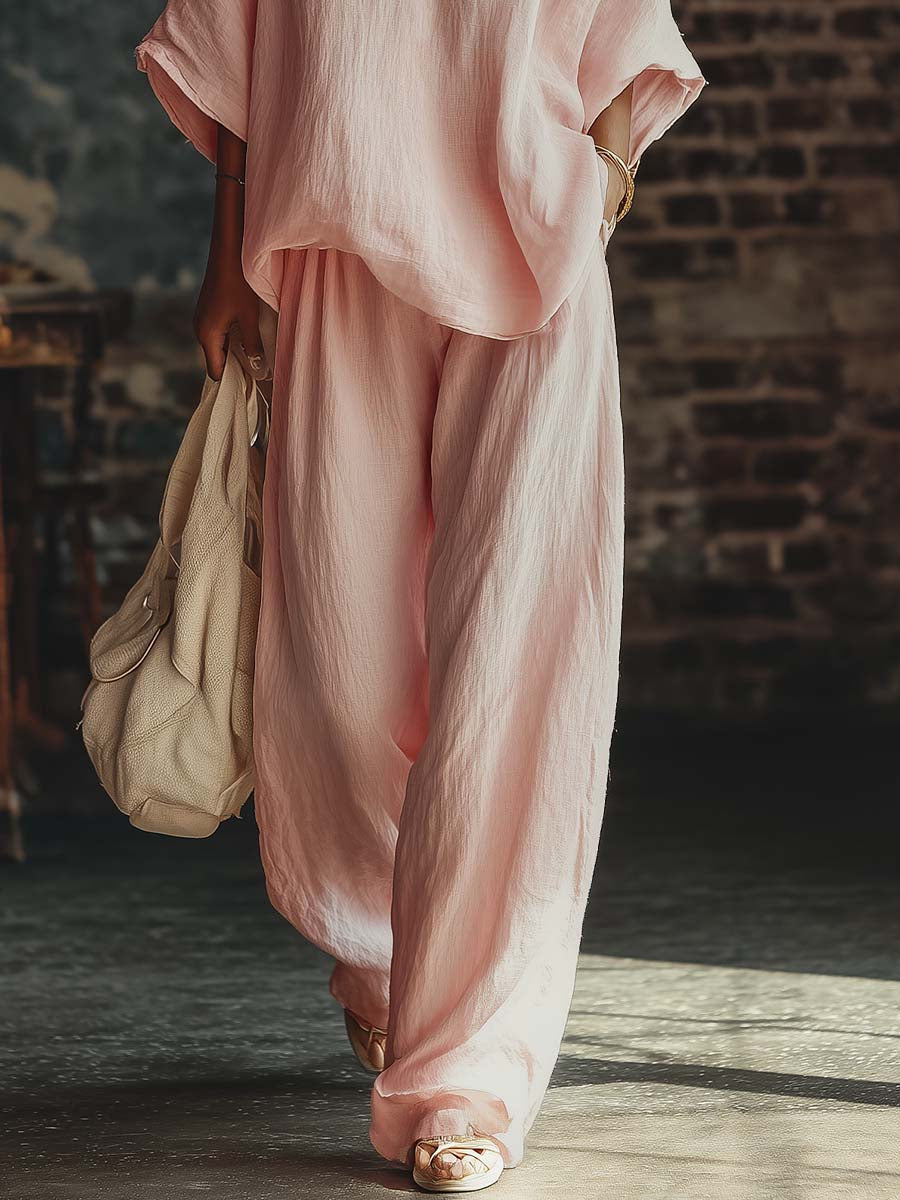 Samantha set in pink, close-up of wide-leg trousers