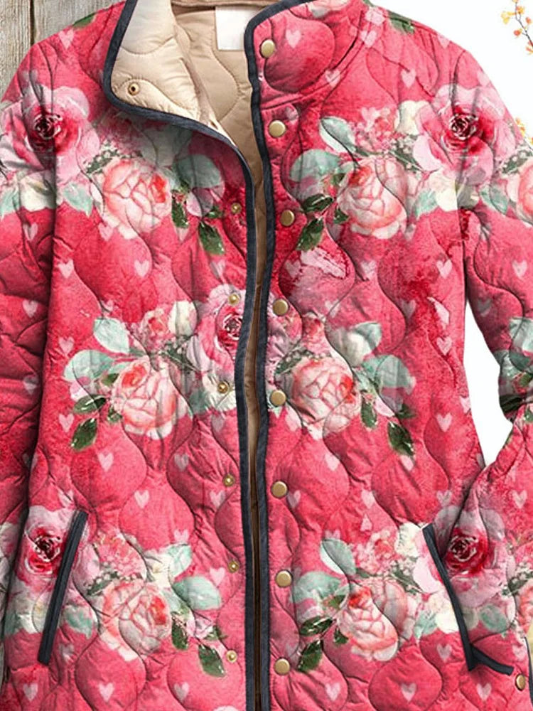 Catherine quilted jacket close-up showing heart quilting, studs and welt pockets