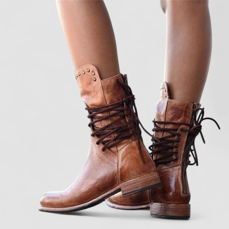 Rachel vintage lace-up ankle boots in brown, close view of studs and laces