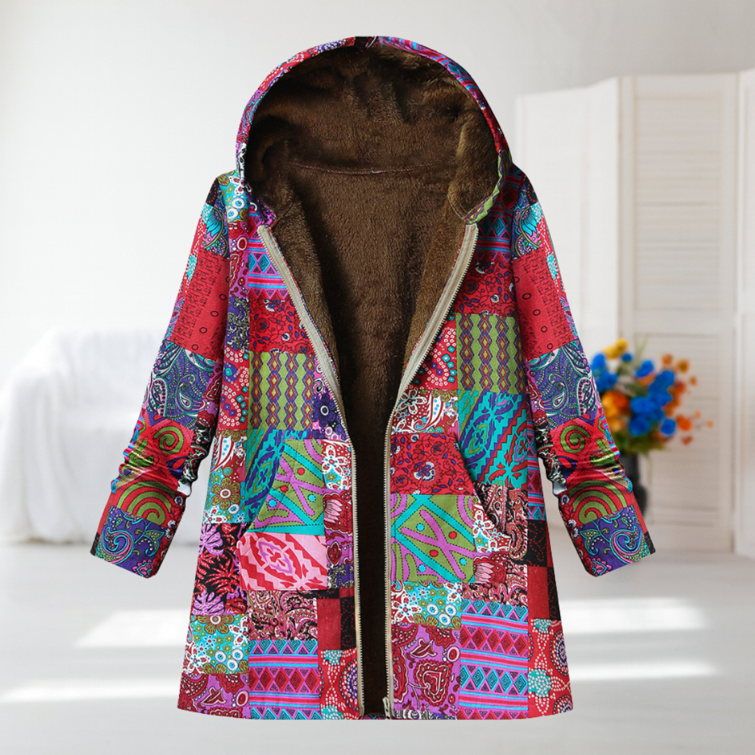 Carole hooded patchwork coat in red, pink and turquoise, open front view
