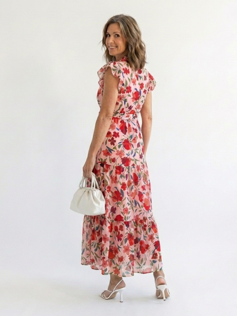 Lila floral midi dress in red, back view showing tiered skirt