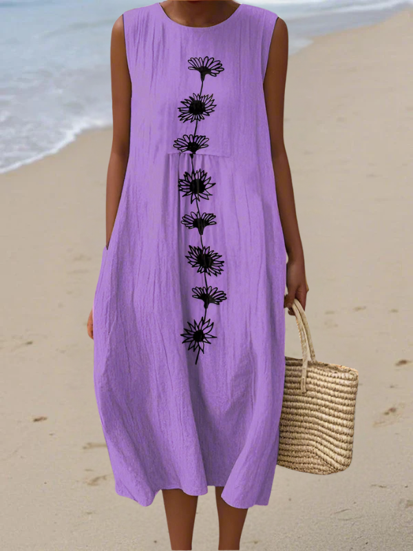 Emma violet bloom midi dress in violet with black daisy print, full-length front view