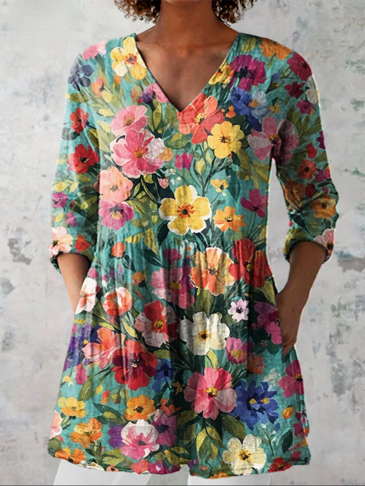 Nora long V-neck blouse in multicoloured floral print, front view