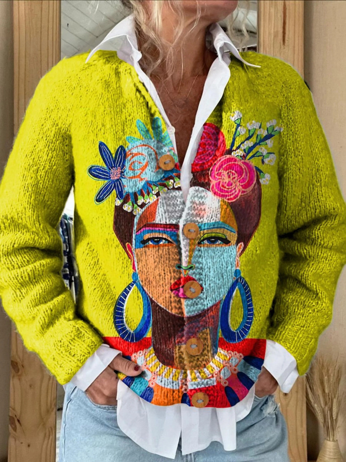 Ona knitted cardigan in yellow multicolour, three-quarter front view