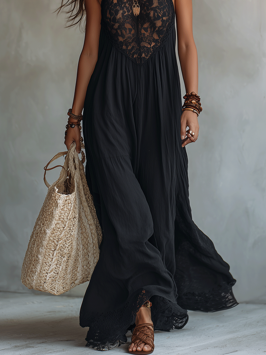 Eleanor draped maxi dress in black, close-up of skirt and lace hem