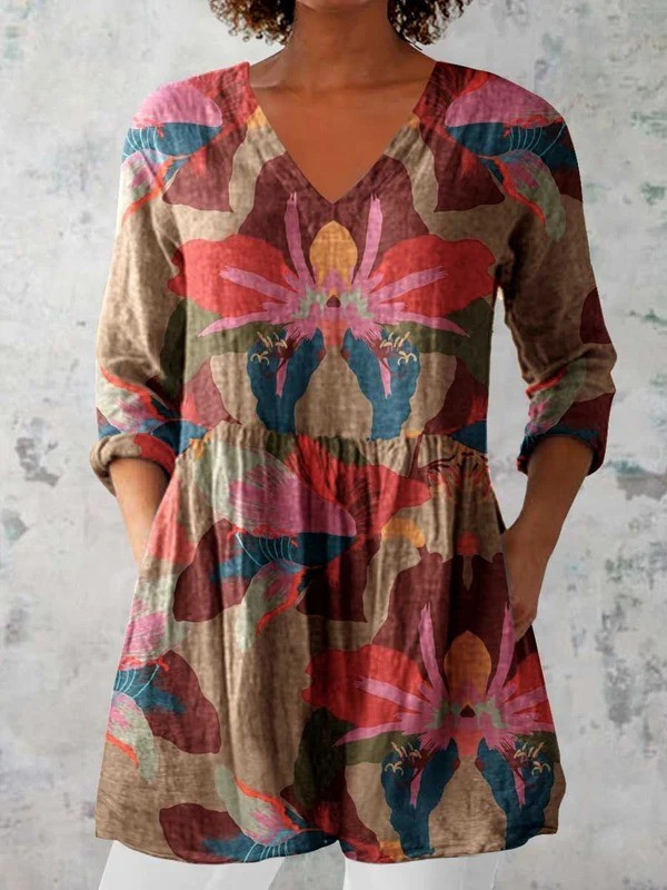 Sarah long V-neck blouse in multicoloured floral print, front view with side pockets