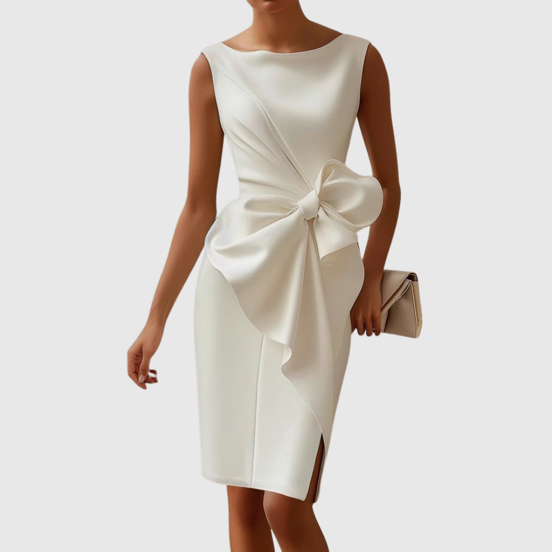 Ainsley sleeveless midi dress in white, front view with hem slit