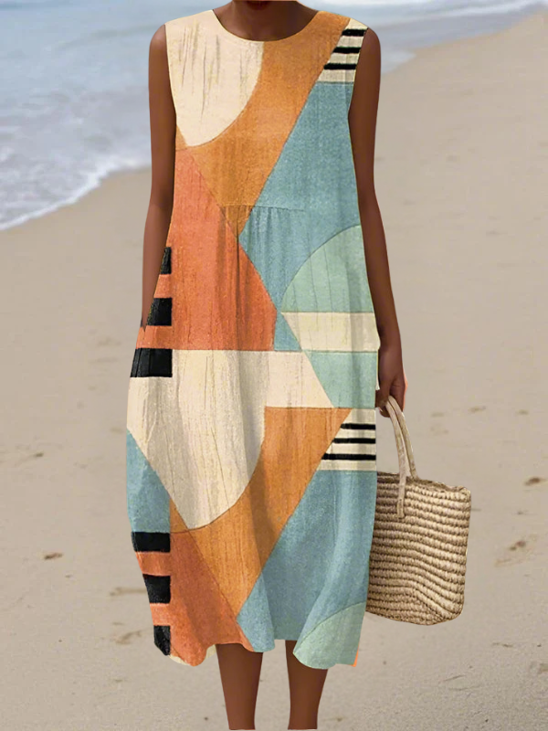 Iris geometric midi dress in multicolour, full-length front view