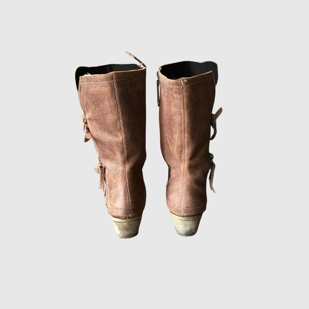 Tamera leather boots in tan brown, back view with stacked heels