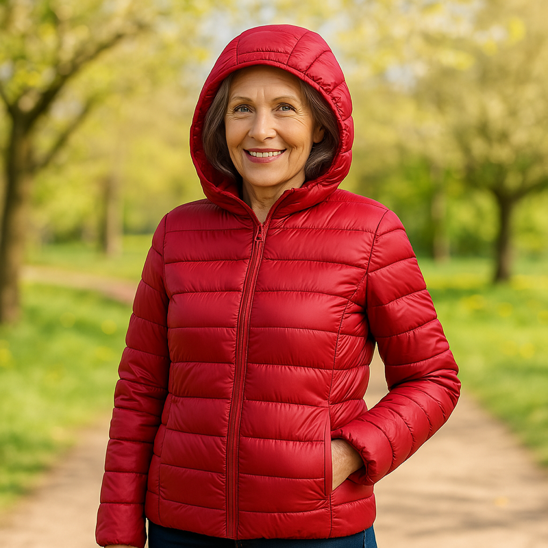 Metta transitional jacket in red, hood up, full front view