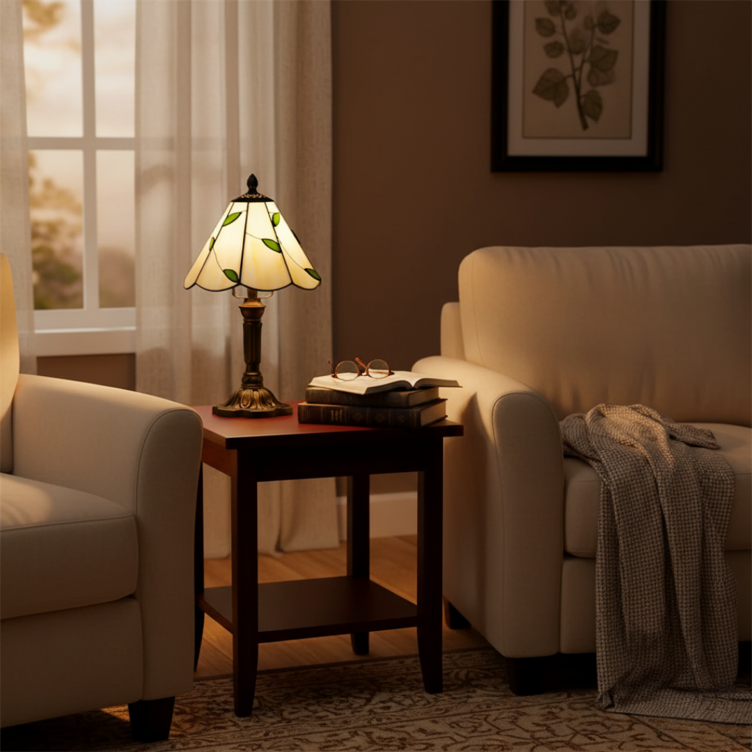 Blowing Wind leaf-pattern lamp on a side table in a cosy living room