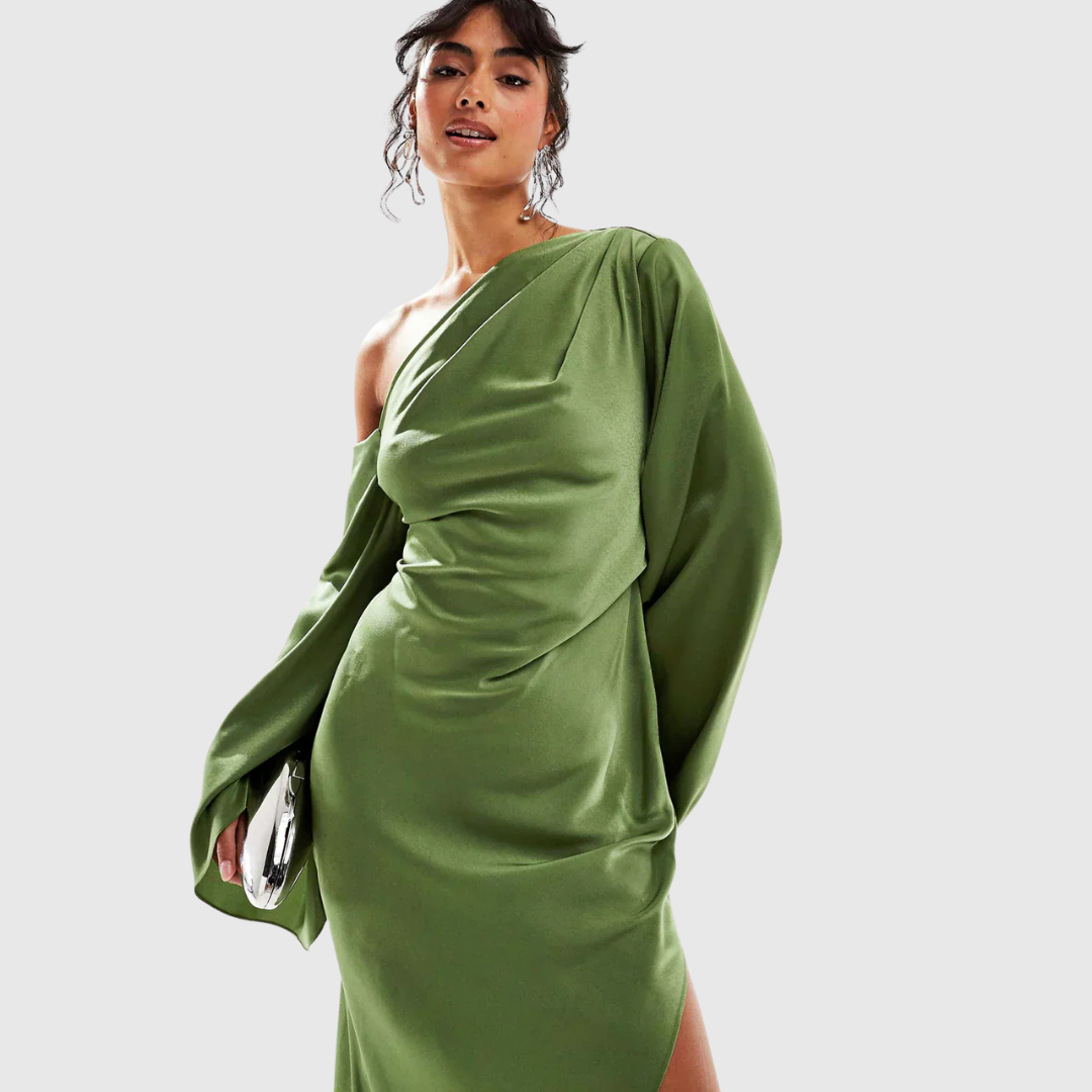 Rosaline satin maxi dress in olive green, close view of one-shoulder neckline