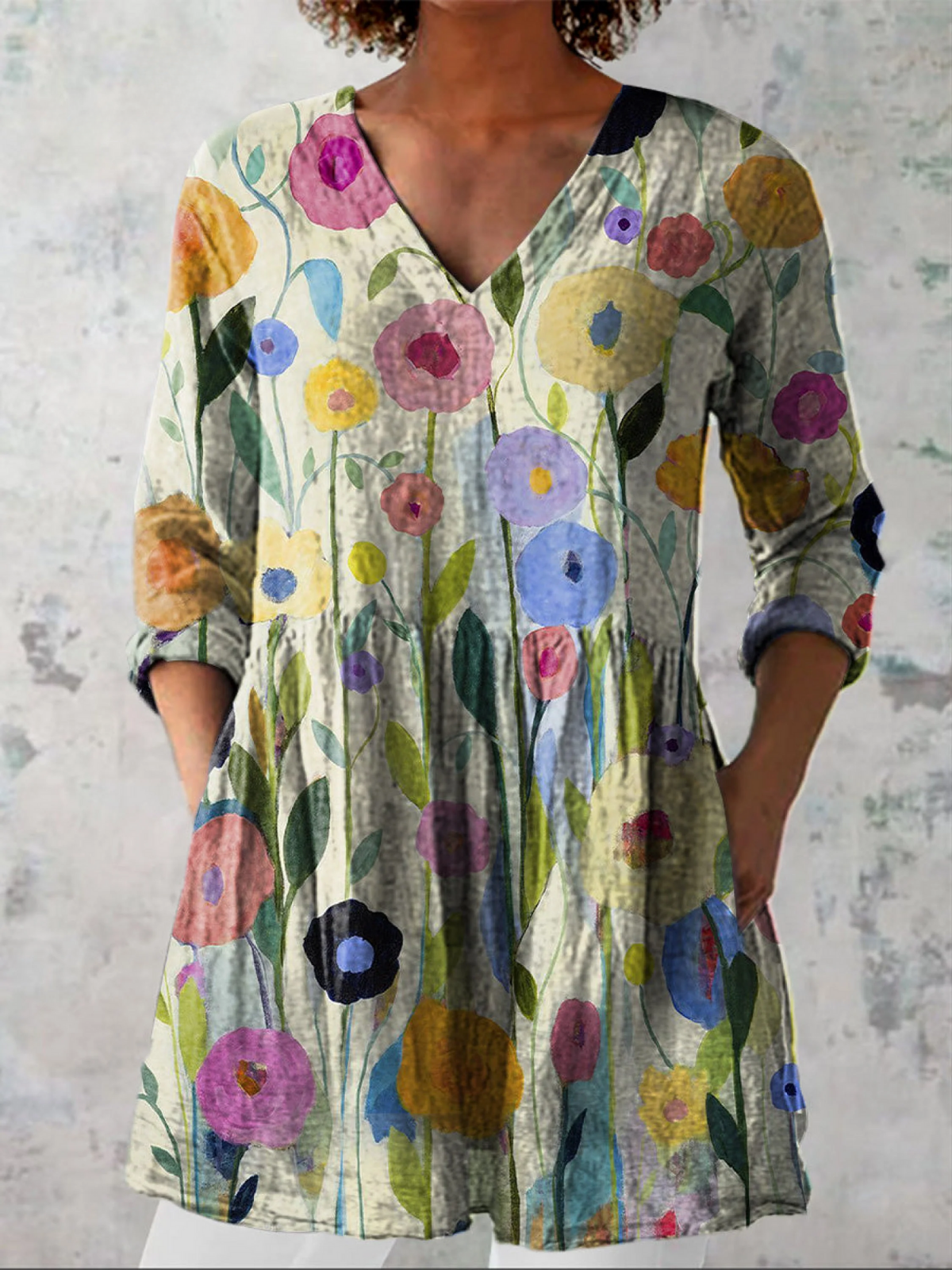 Louise long V-neck blouse in multicoloured floral print, front view