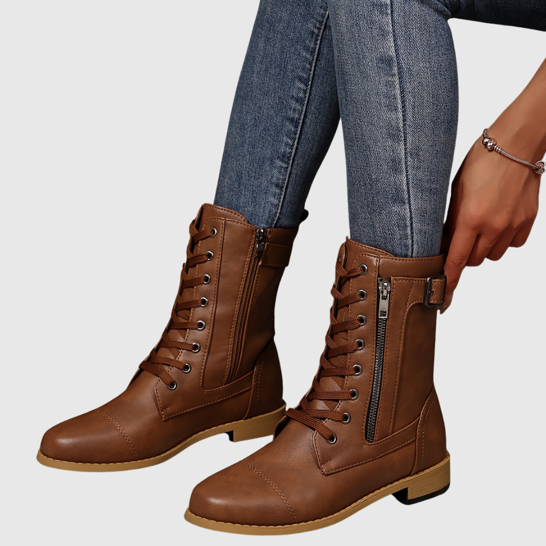 Carmine boots in brown, close-up of ankle strap and zip