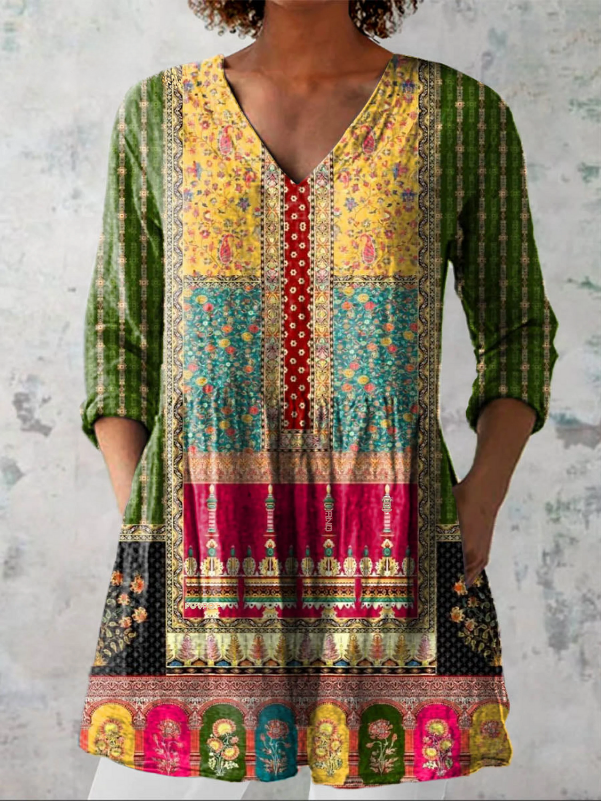 Emilie long blouse in multicoloured patchwork print, front view with V-neck