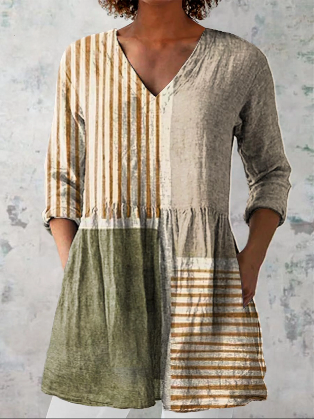 Camille long V-neck blouse in multicoloured ochre, sand and olive patchwork, front view