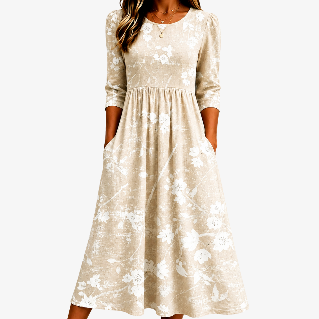 Soft Meadow Blossom midi dress in beige with white floral print, front view with pockets