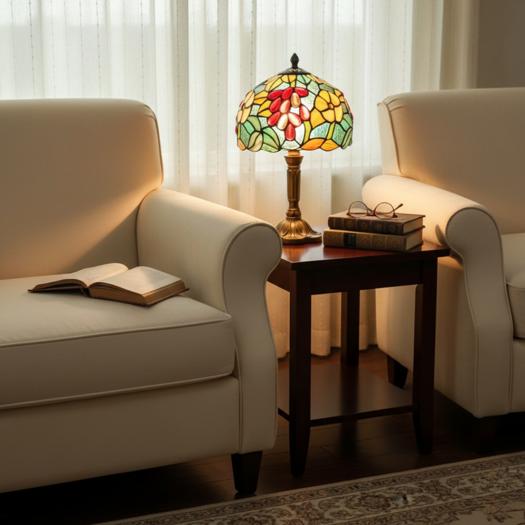Arizona floral table lamp on a side table between two armchairs