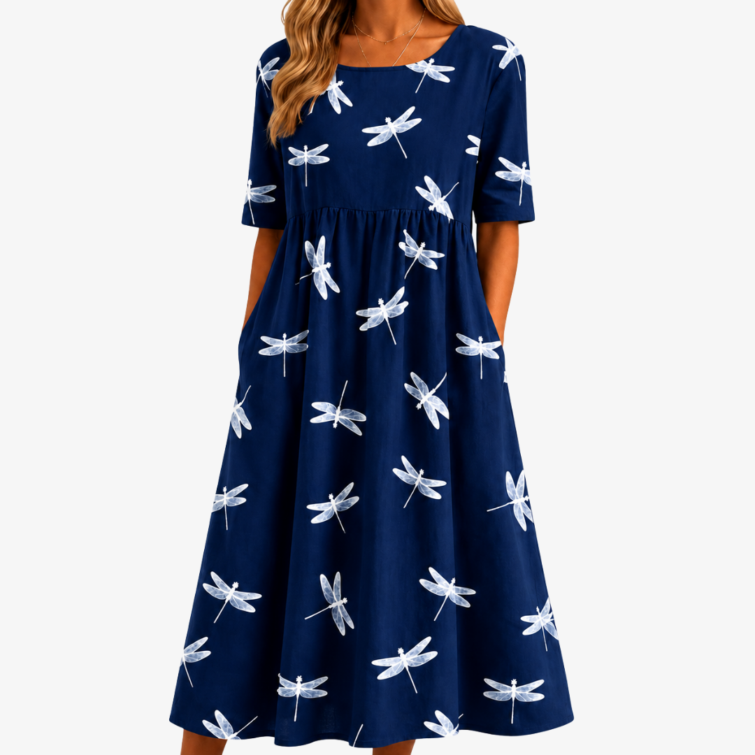 Navy dragonfly print midi dress with side pockets, front view