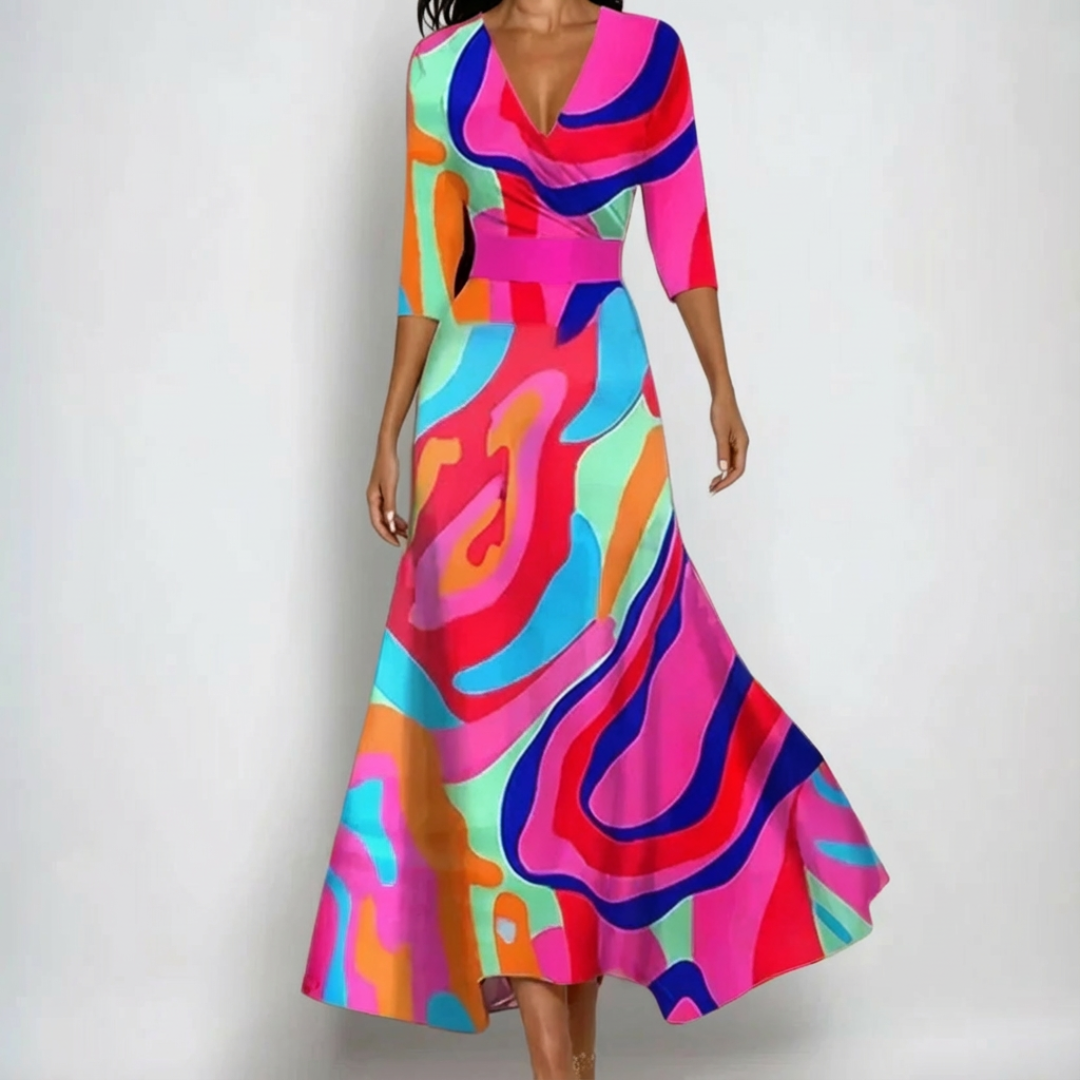 Mallory printed wrap dress in colourful abstract print, full-length front view