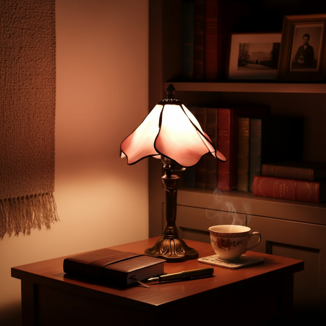 Rose Fairy lamp lighting a bedside table with books and a teacup