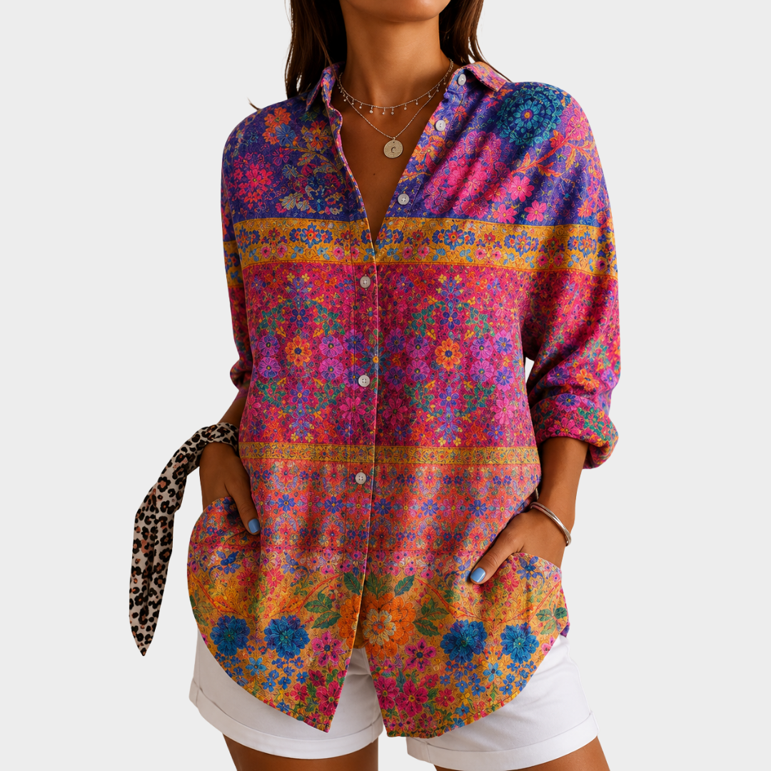 Garden Mosaic blouse in pink multicolour floral print, front view worn with white shorts