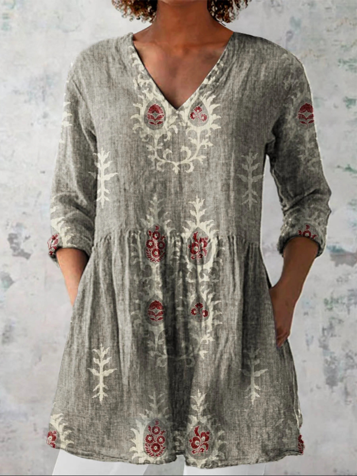 Elise long V-neck blouse in grey with floral print, front view