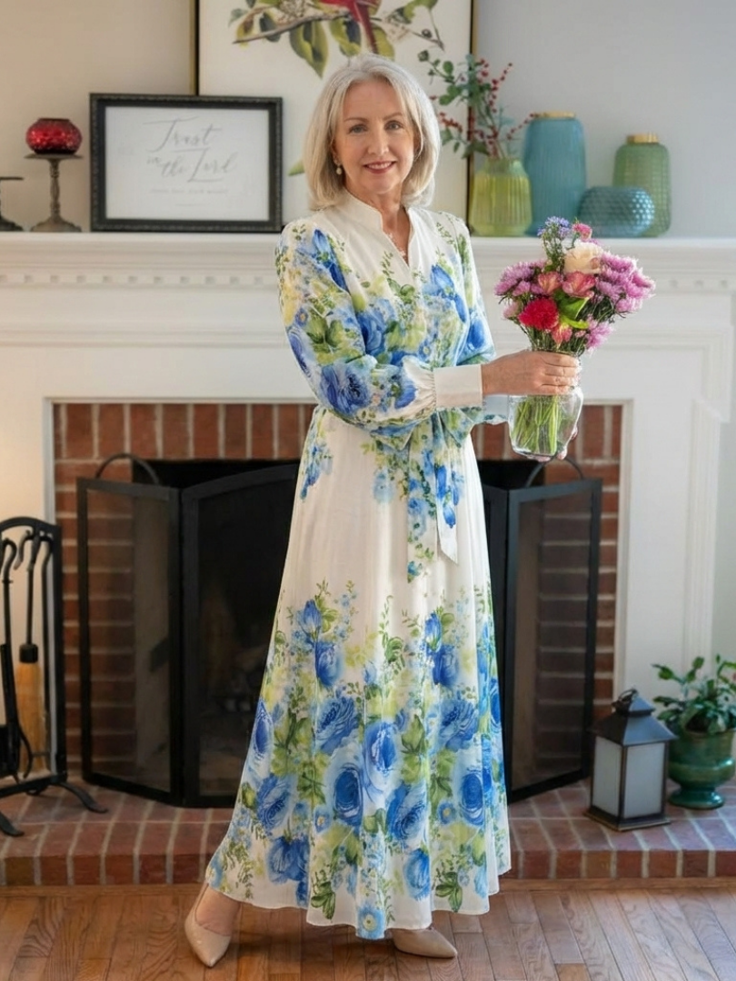 Harper floral maxi dress in cream and blue, styled indoors with heels