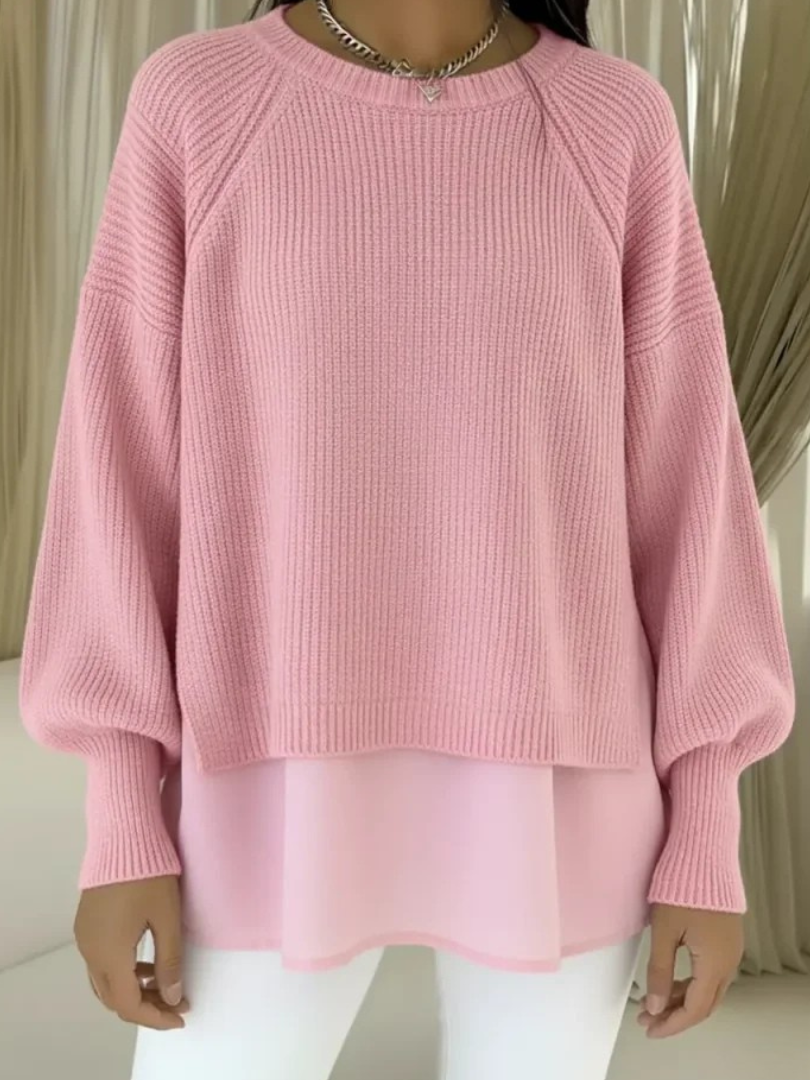 Casilda two-layer effect jumper in pink, front view with ribbed cuffs
