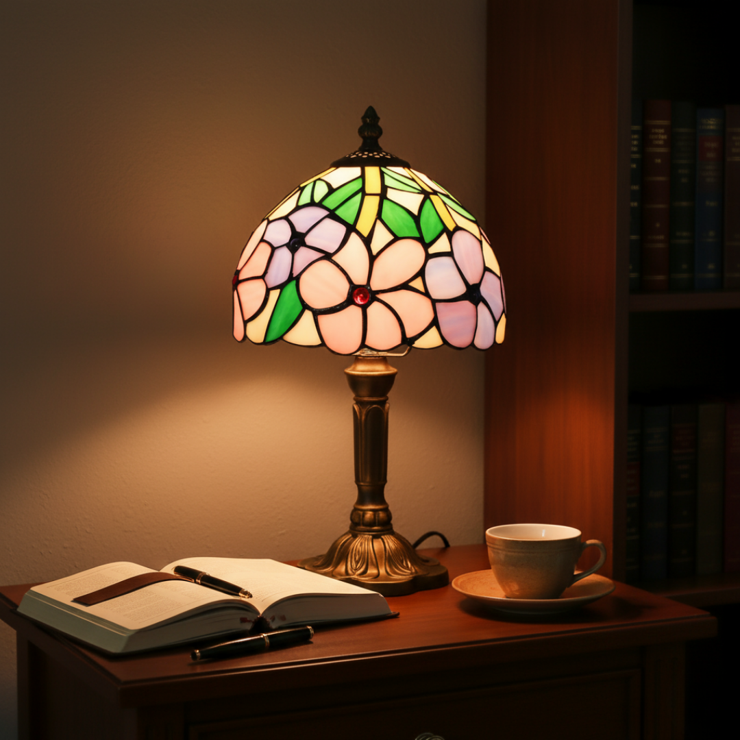 Large Flowers stained-glass lamp glowing on a wooden desk with notebook and teacup
