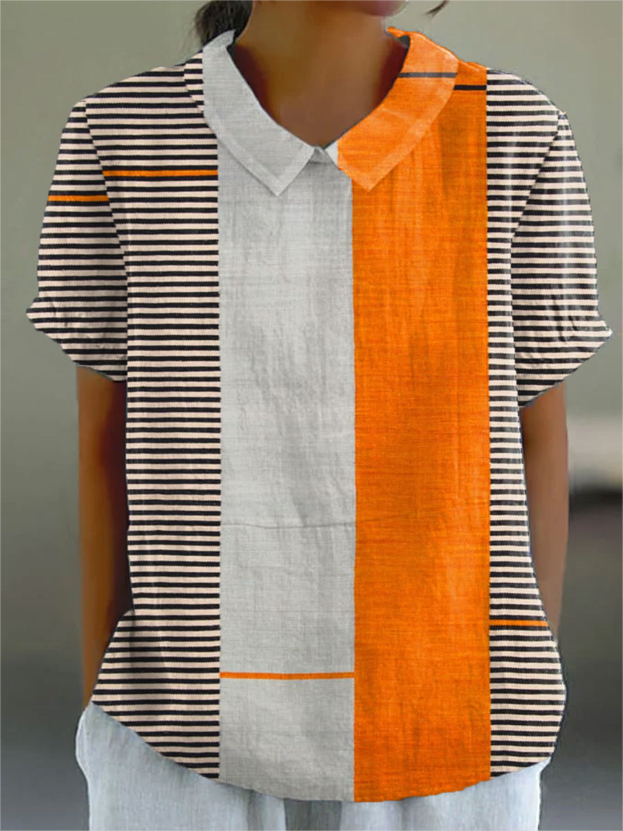 Lena colour block striped blouse in orange, white and navy, front view