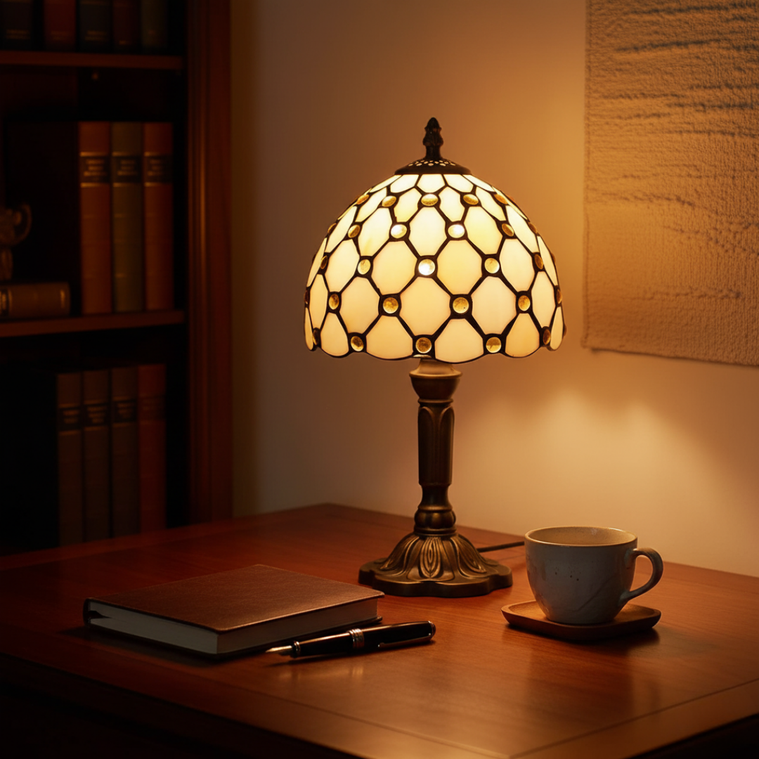 Golden Turtle lamp glowing on a wooden desk with notebook and cup