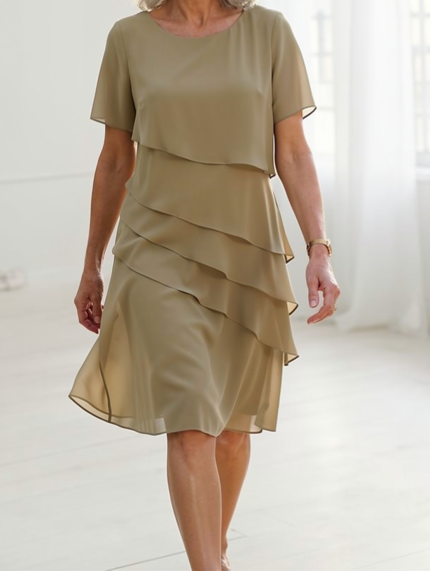 Linda layered chiffon ruffle dress in khaki, front view