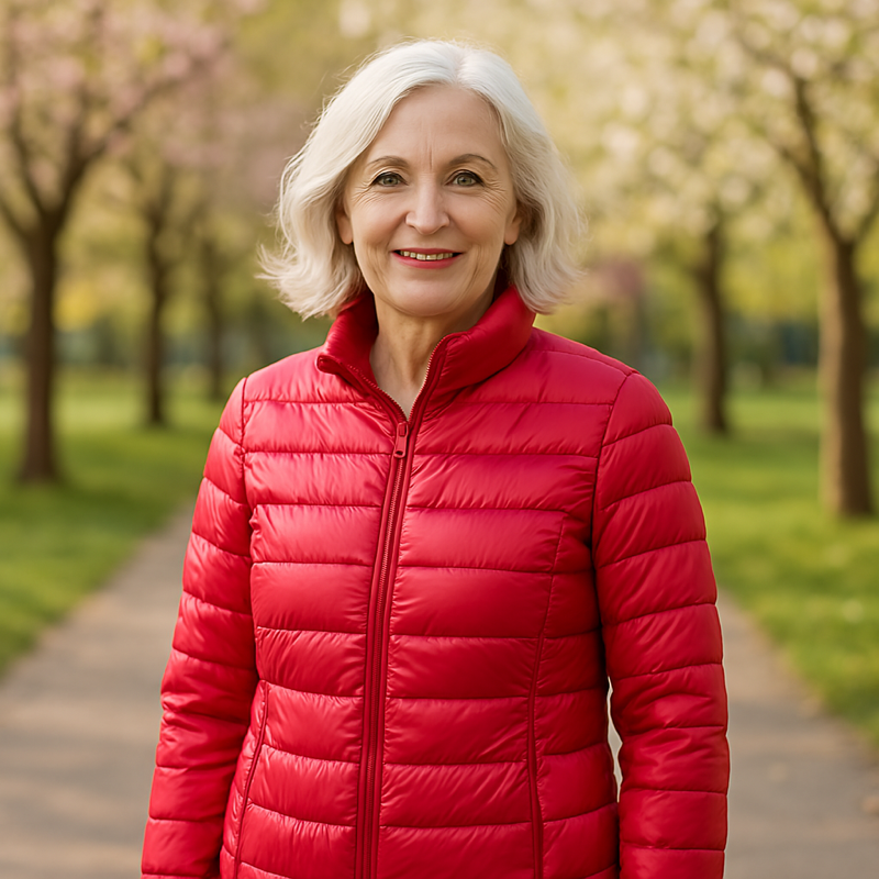 Ulla transitional jacket in red, front view worn outdoors