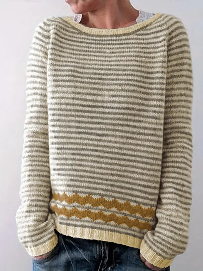 Kalyxe striped sweater in yellow, front view with contrast hem