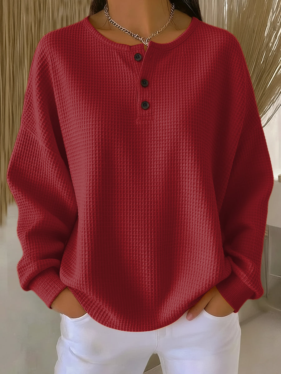 Milagros textured Henley sweatshirt in red, front view