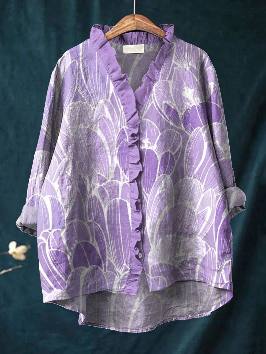 Ismara floral blouse in lilac, front view on a hanger