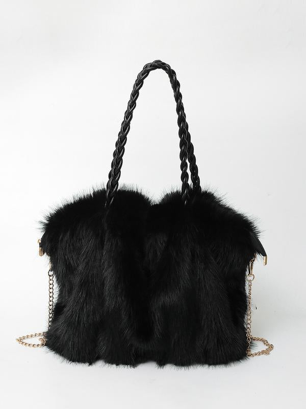 Charlotte plush shoulder tote bag in black with gold chain strap, front view