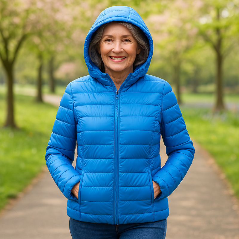 Metta transitional padded jacket in sky blue, hood up front view