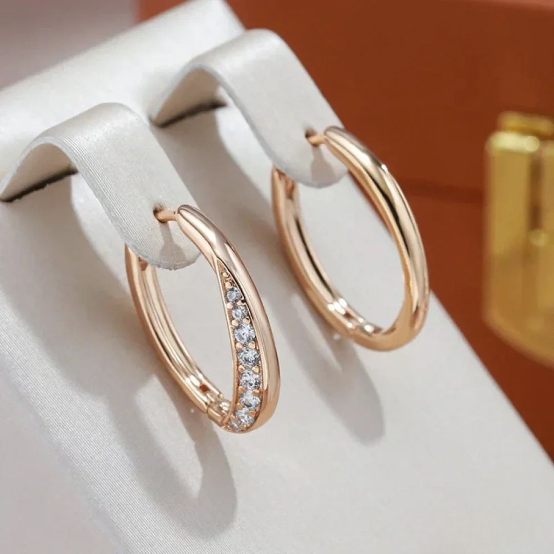Classic golden hoop earrings with crystal-set twist detail, close-up view