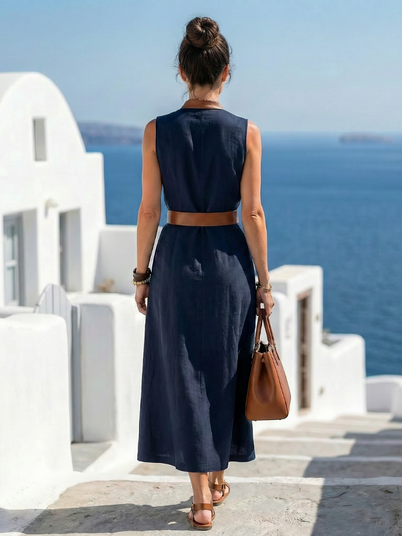 Myra contrast line midi dress in navy, back view