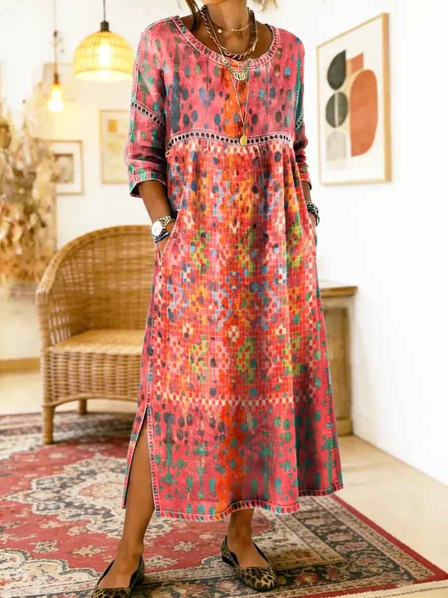 Francisca elegant printed dress in multicoloured mosaic print, full-length front view