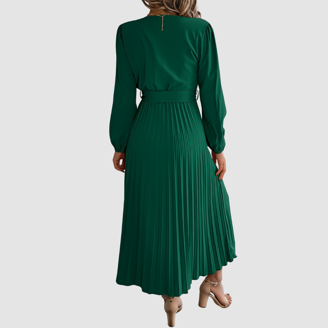 Celeste Bloom pleated midi dress in dark green, back view