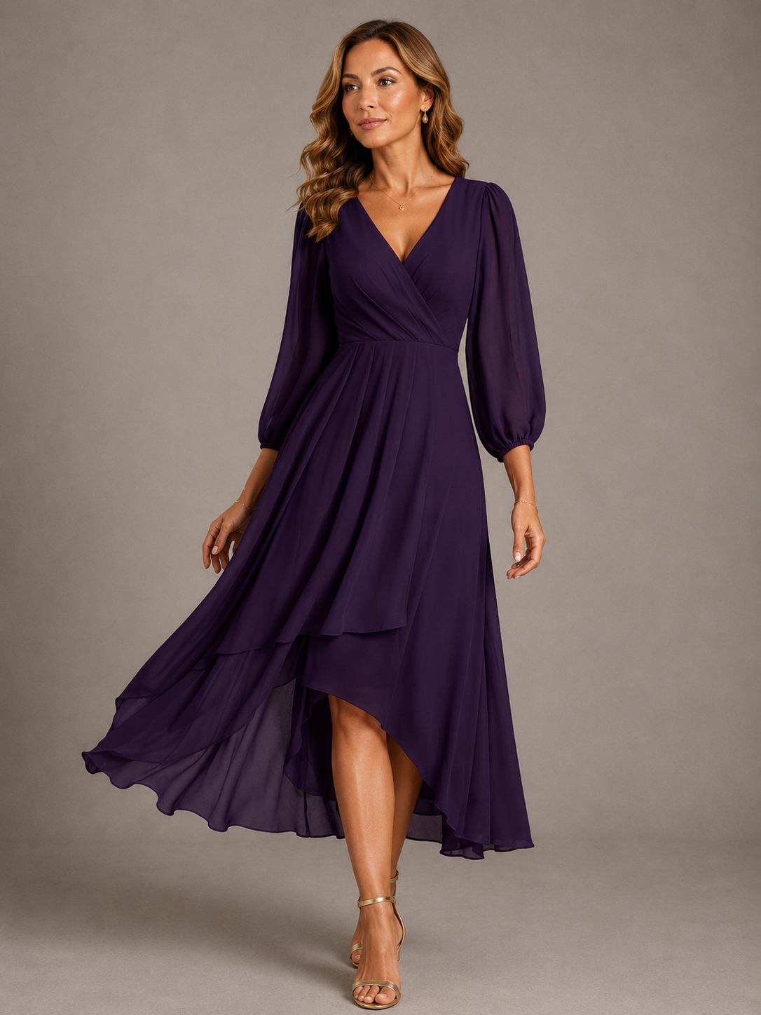 Mia wrap high-low dress in purple, full-length front view