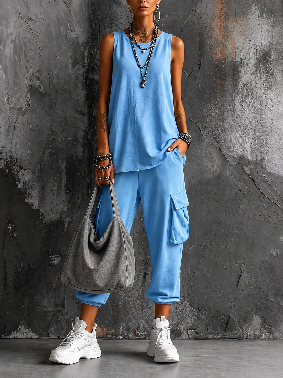 Noelia two-piece set in light blue, full-length front view