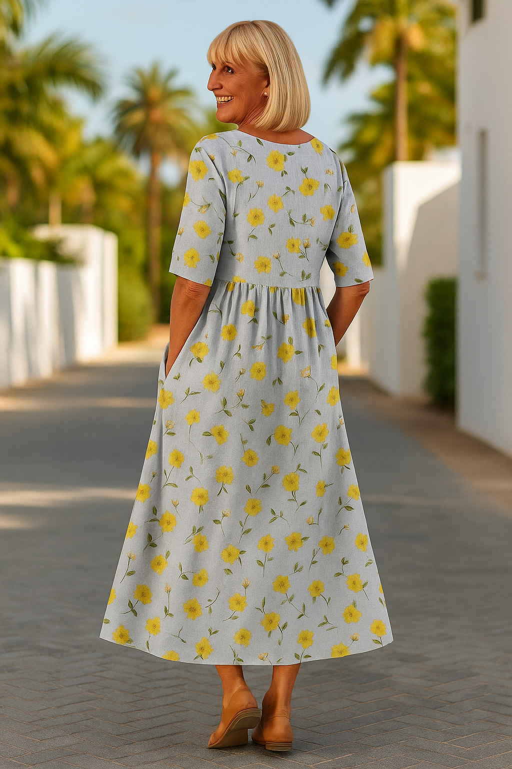 Elize relaxed midi dress in light yellow floral print, back view