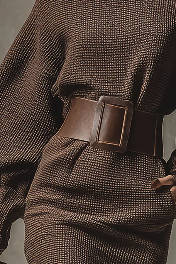 Clara knit dress detail, wide brown belt with square buckle