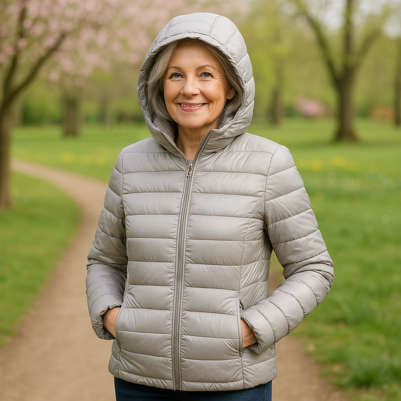 Metta transitional padded jacket in grey, hood up front view
