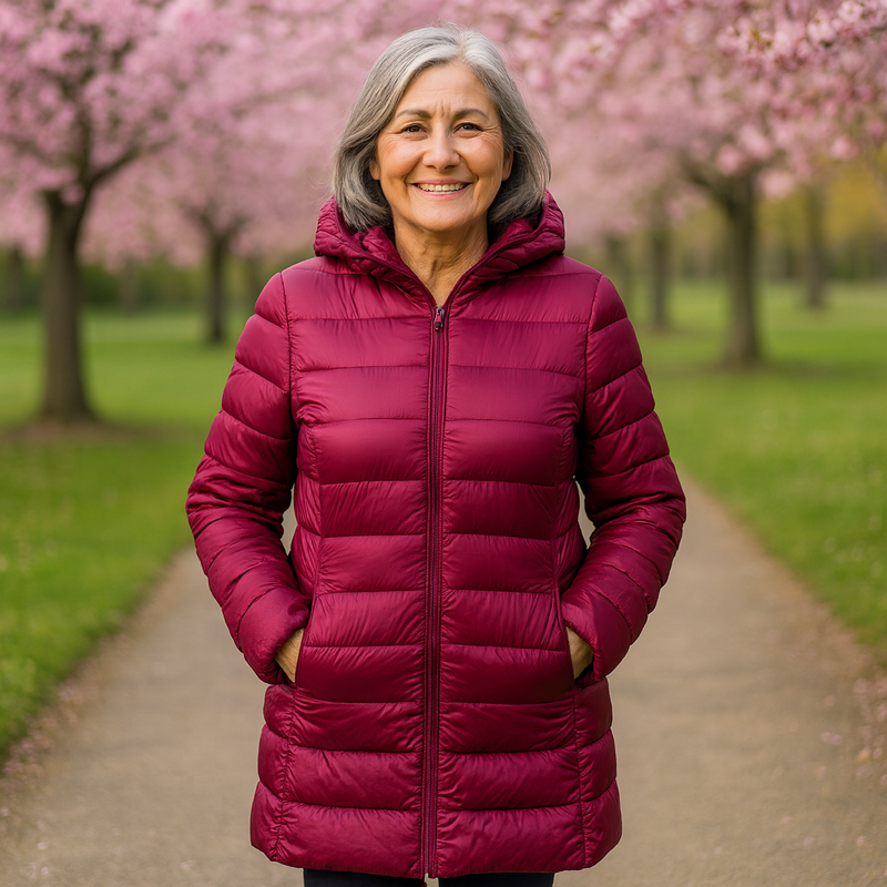 Helsa long padded jacket in dark red, full-length front view worn with hood up