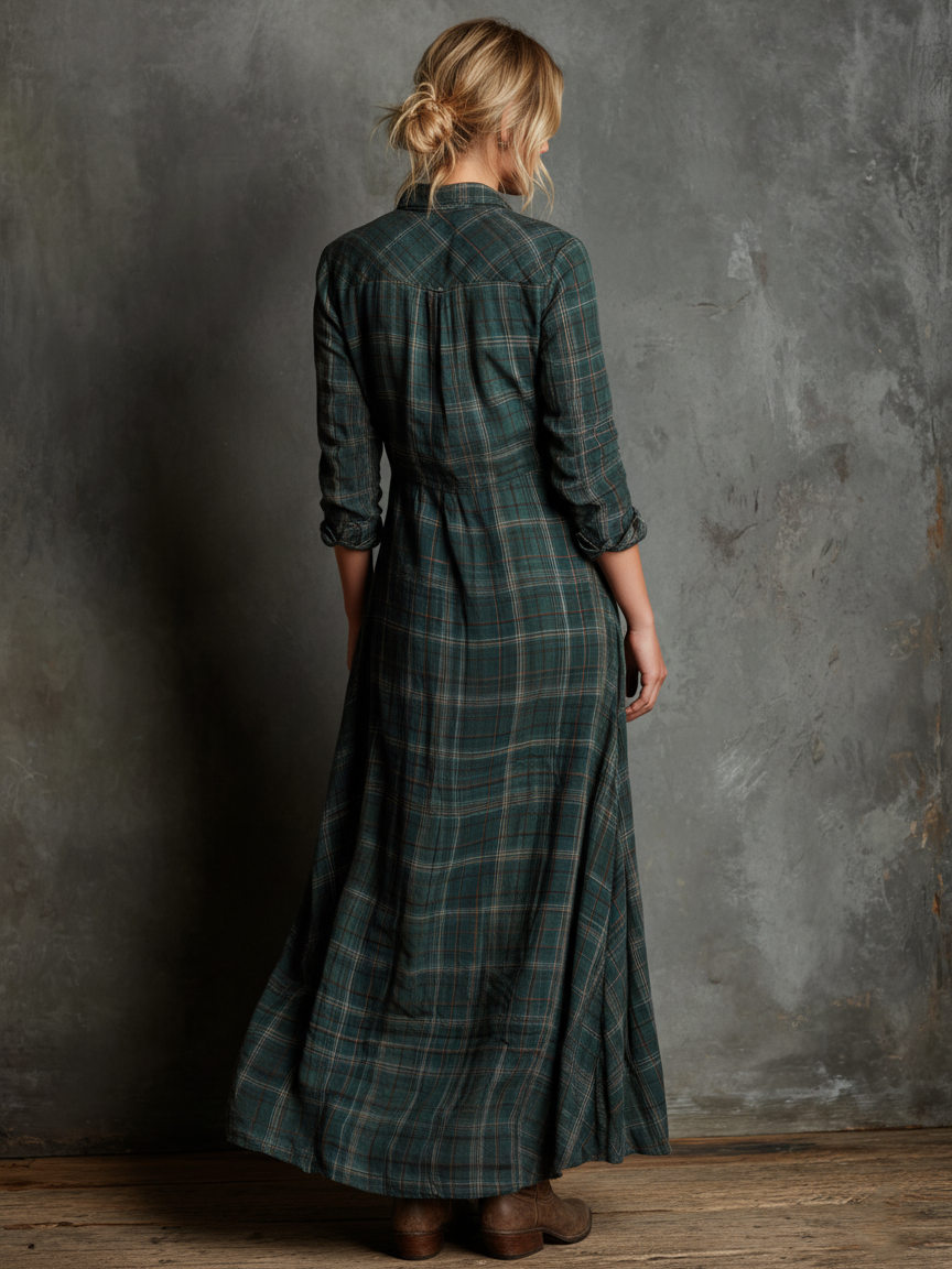 Ailene plaid shirt dress in green, back view full length